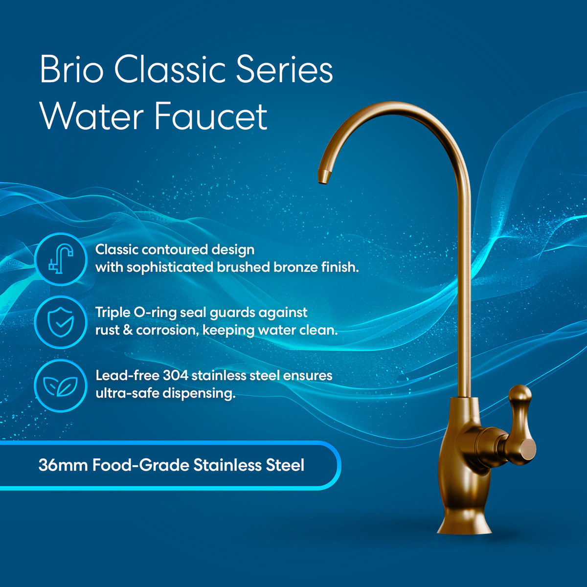 Advertisement for Curvy Classic Series Water Faucet in brushed bronze, showcasing classic design, rust protection, and lead-free stainless steel construction—all set on a blue background.