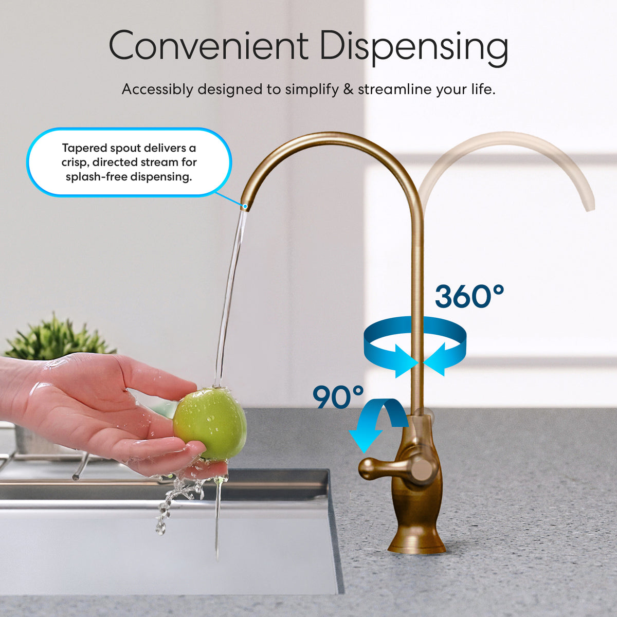 A hand washes a green apple under the Curvy Classic Series Water Faucet in Brushed Bronze, featuring a curved spout. Blue arrows highlight its 360° horizontal and 90° vertical rotation for convenient water flow.