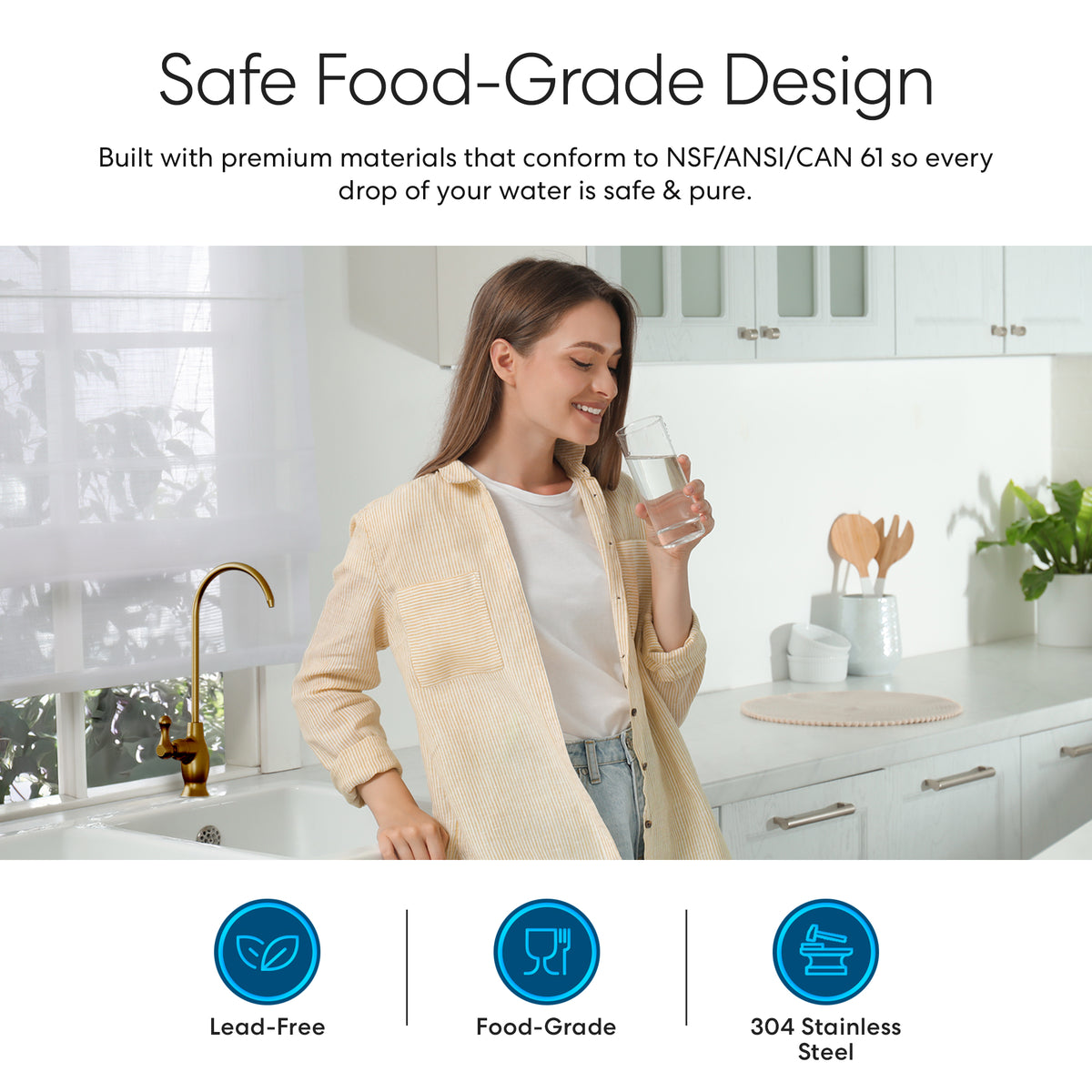 A woman smiles in a bright kitchen, holding a glass of water. Text highlights the Curvy Classic Series Water Faucet in brushed bronze—crafted from safe, lead-free 304 stainless steel for any water filtration setup. Three icons show these features.