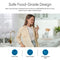 A woman smiles in a bright kitchen, holding a glass of water. Text highlights the Curvy Classic Series Water Faucet in brushed bronze—crafted from safe, lead-free 304 stainless steel for any water filtration setup. Three icons show these features.