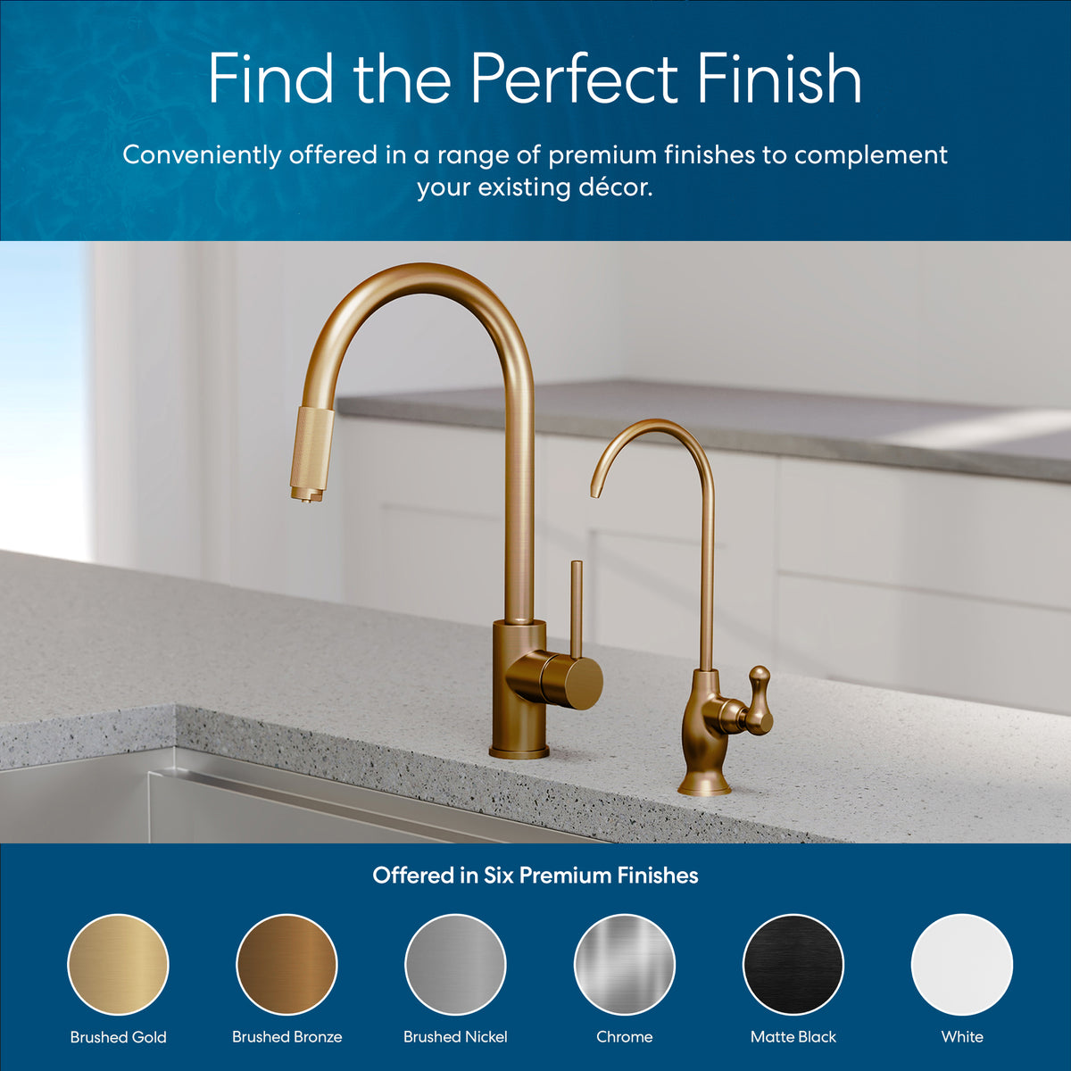 The Curvy Classic Series Water Faucet in Brushed Bronze is featured on a light stone countertop, paired with a gold reverse osmosis faucet. Below are six finish swatches: brushed gold, bronze, nickel, chrome, matte black, and white.