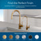 The Curvy Classic Series Water Faucet in Brushed Bronze is featured on a light stone countertop, paired with a gold reverse osmosis faucet. Below are six finish swatches: brushed gold, bronze, nickel, chrome, matte black, and white.