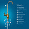Labeled diagram of the Curvy Classic Series Water Faucet - Brushed Bronze and its parts: rubber O-ring, 45mm base extender, rubber washer, locking nut, two locking clips, ¼” quick connect, and ¼” PE tubing with “What’s Included.”.