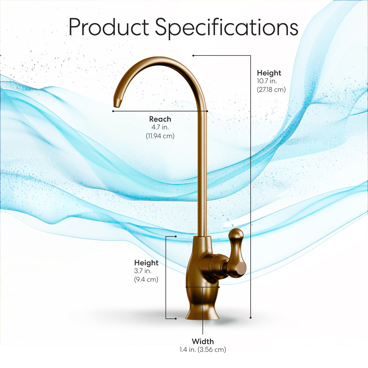 The Curvy Classic Series Water Faucet in Brushed Bronze features labeled measurements: overall height 10.7 in (27.18 cm), spout reach 4.7 in (11.94 cm), base height 3.7 in (9.4 cm), and width 1.4 in (3.56 cm).