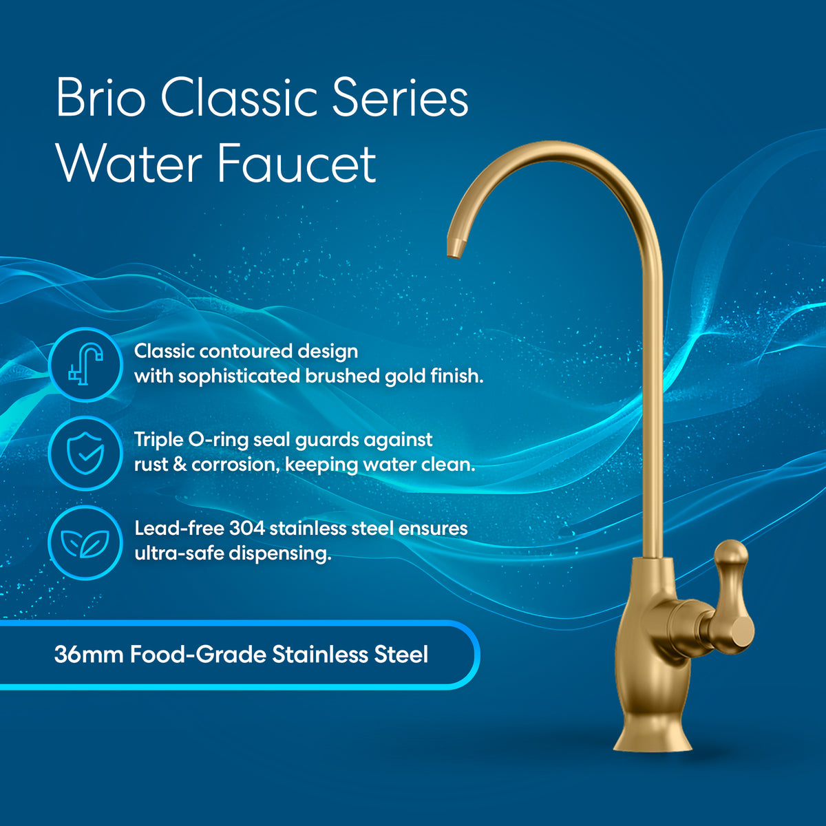 Curvy Classic Series Water Faucet in brushed gold is shown on a blue background with water graphics; features include a contoured design, triple O-ring seal, lead-free construction, and 36mm food-grade stainless steel build.