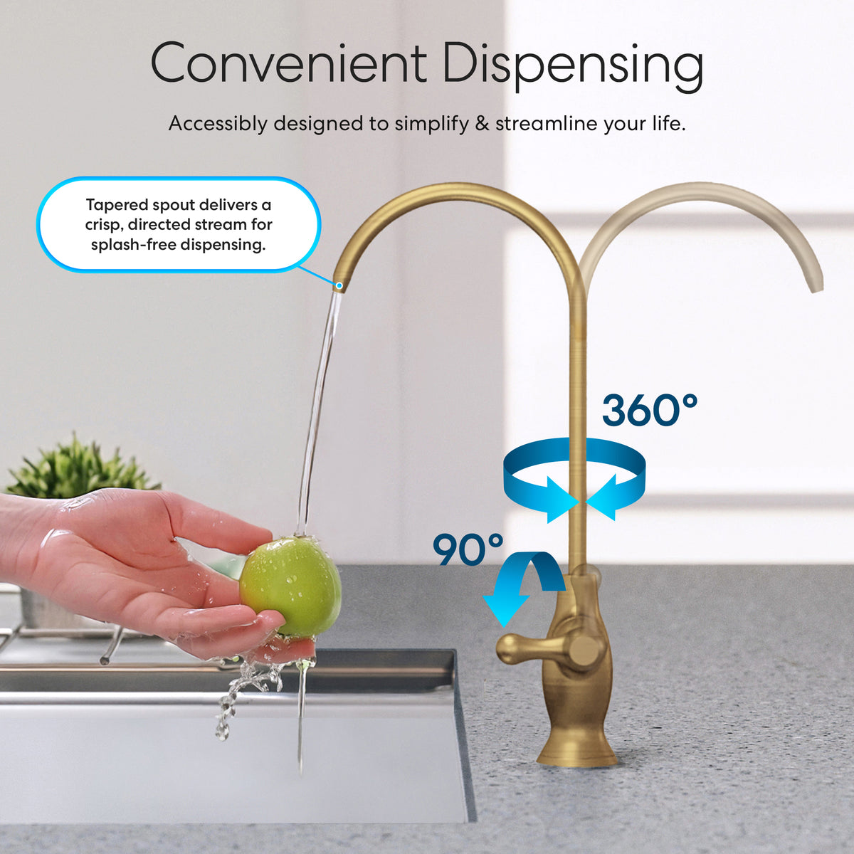 A hand washes a green apple under the Curvy Classic Series Water Faucet in brushed gold, featuring a lead-free stainless steel body with a 360° and 90° rotating spout for splash-free, convenient water dispensing at the kitchen sink.