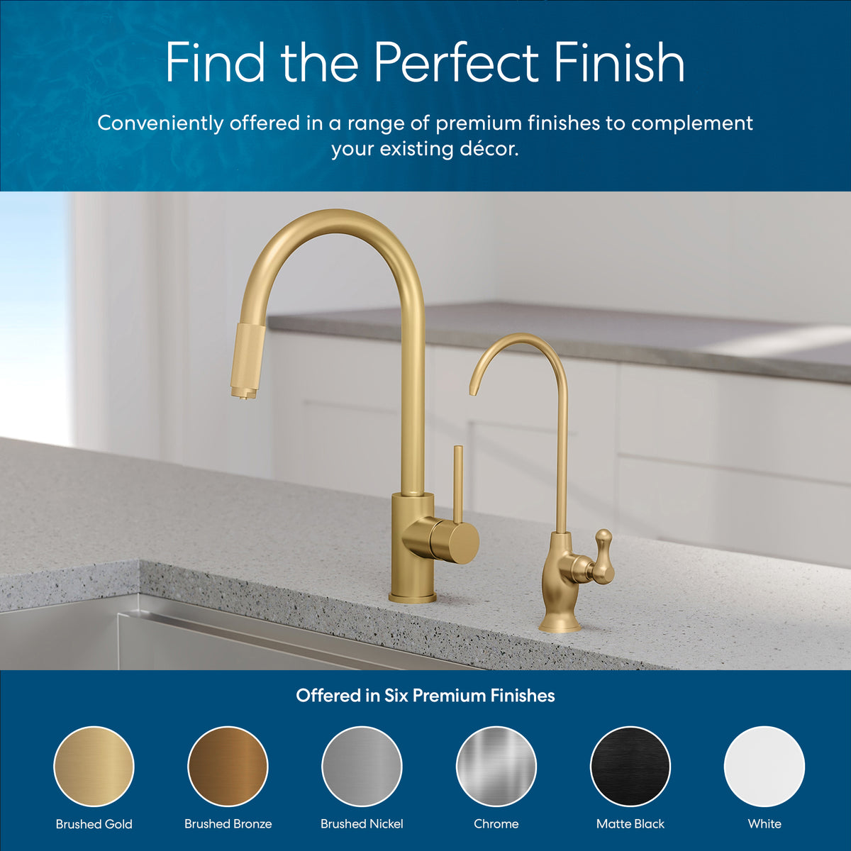 Two Curvy Classic Series Water Faucets in brushed gold are shown on a gray countertop. Six premium finishes are available: brushed gold, brushed bronze, brushed nickel, chrome, matte black, and white. Ideal as water filtration faucets.