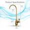 Curvy Classic Series Water Faucet - Brushed Gold: lead-free stainless steel, curved spout, single side handle. Dimensions—height: 10.7 in, spout reach: 4.7 in, base height: 3.7 in, base width: 1.4 in. Blue waves background. Product Specifications.
