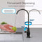A hand rinses a green apple under the Classic Series Water Faucet - Matte Black. Arrows highlight its 360° spout rotation and 90° handle movement, offering splash-free, convenient water flow—ideal as a reverse osmosis faucet.