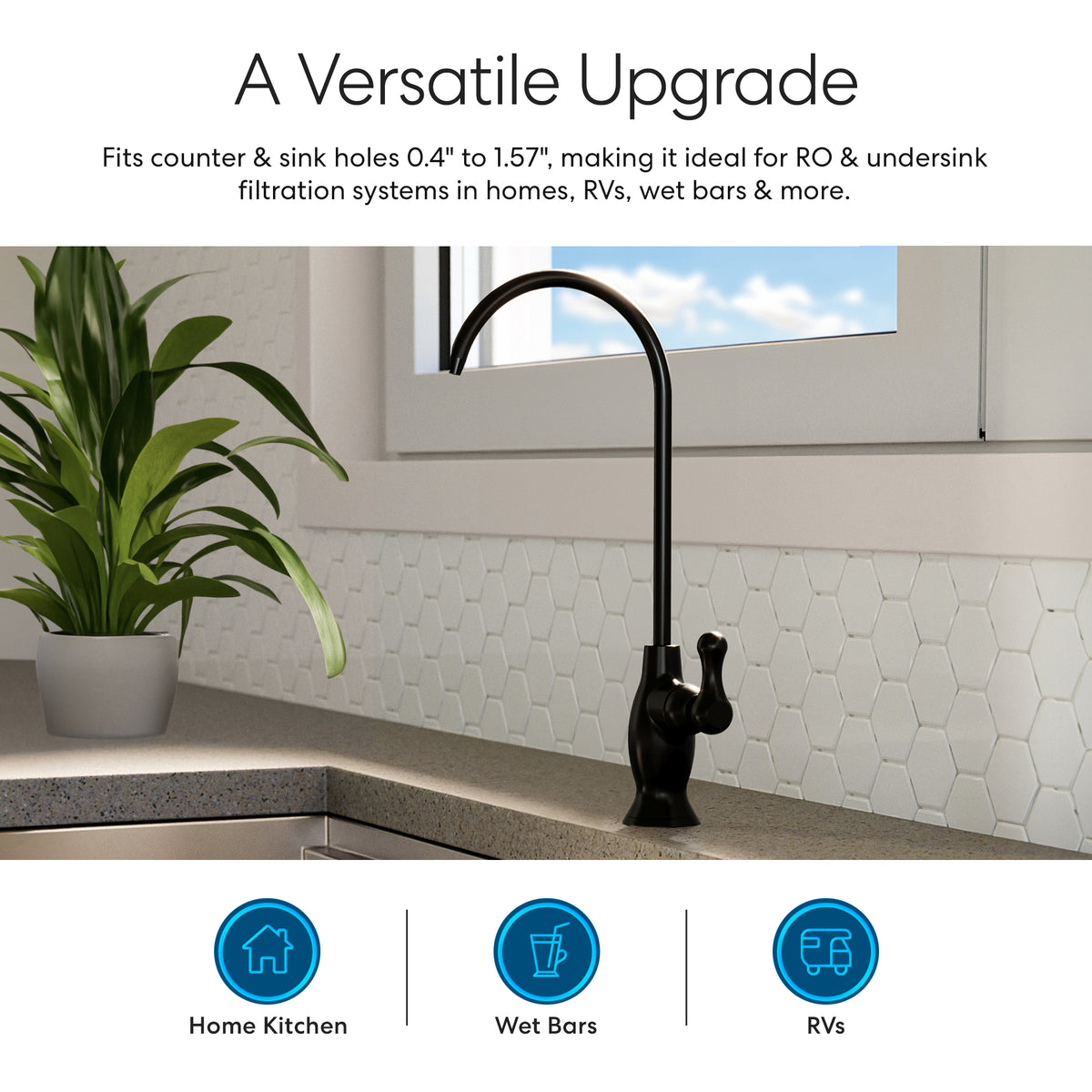 The Classic Series Water Faucet - Matte Black, a modern lead-free stainless steel fixture, is installed on a kitchen sink with a plant and hexagon tile backsplash; icons show it’s ideal for home kitchens, wet bars, and RVs.