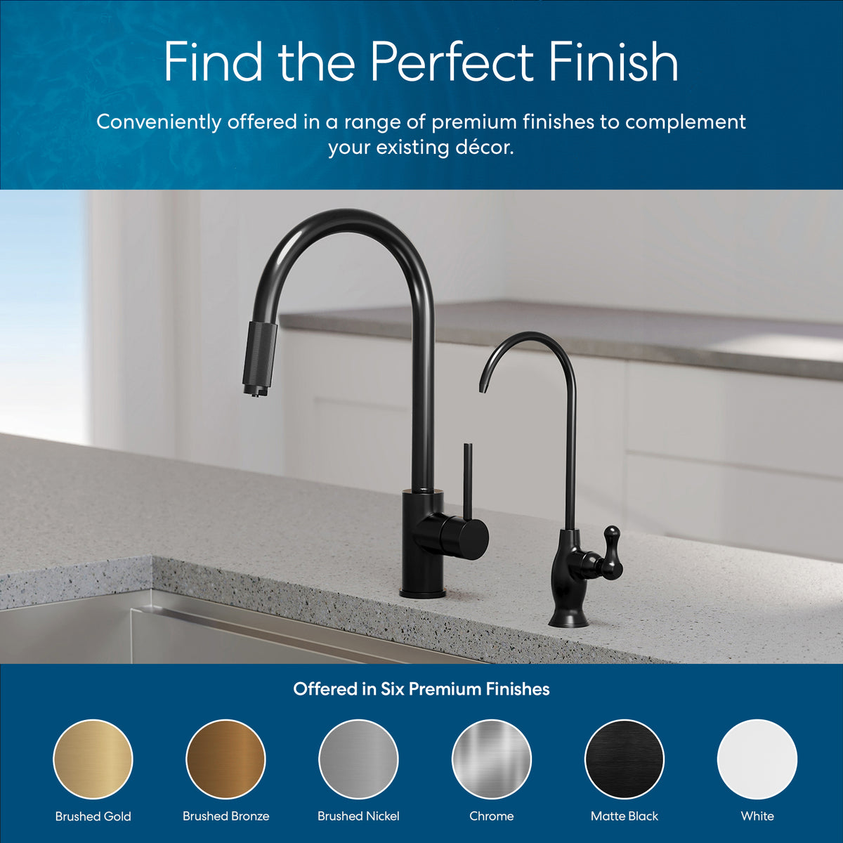 Modern kitchen sink with two faucets, including the Classic Series Water Faucet - Matte Black—a lead-free stainless steel reverse osmosis faucet—on a light countertop. Six finishes are shown: brushed gold, bronze, nickel, chrome, matte black, and white.