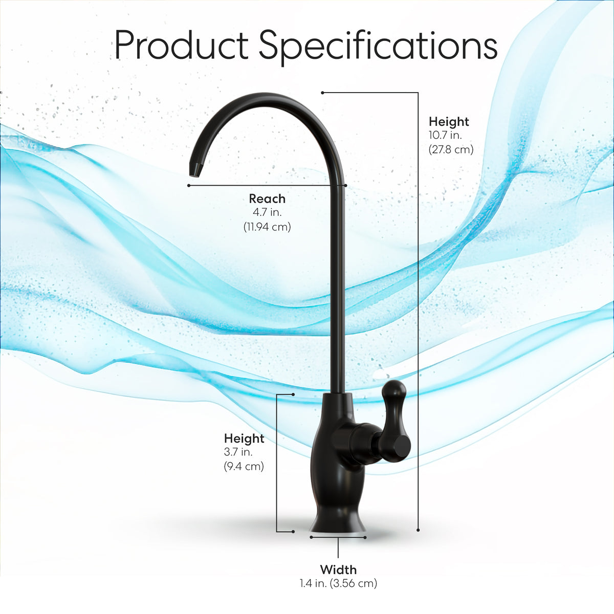 The Classic Series Water Faucet - Matte Black is pictured with labeled dimensions: 10.7" height, 4.7" reach, 3.7" spout height, and 1.4" width. Blue swirls accent this lead-free stainless steel faucet in the background.