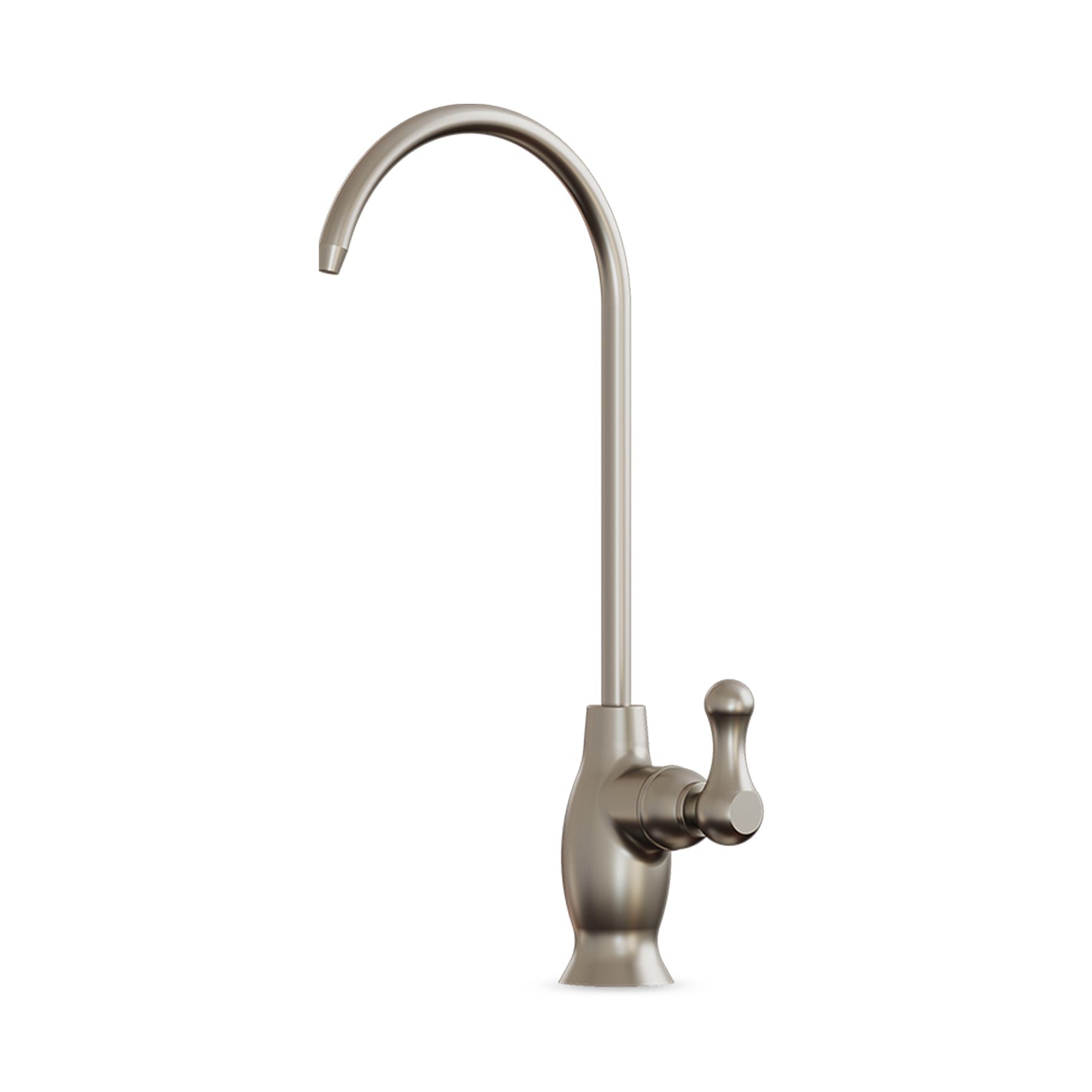 The Brio Curvy Classic Series Water Faucet in brushed nickel features a lead-free stainless steel design with a high curved spout and single lever handle—ideal as a stylish reverse osmosis faucet for modern kitchens.