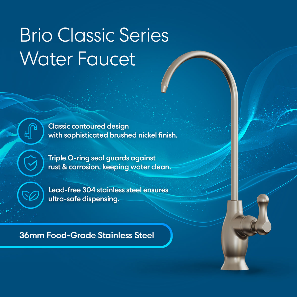 Curvy Classic Series Water Faucet in brushed nickel features an elegant curved design, rust protection, lead-free stainless steel safety, and a triple O-ring seal—shown on a blue background with wave graphics.