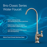 The Brio Curvy Classic Series Water Faucet – Brushed Nickel features a lead-free, 36mm food-grade stainless steel body, curved spout, and lever handle—ideal for reverse osmosis systems. Shown on a blue background highlighting its features.
