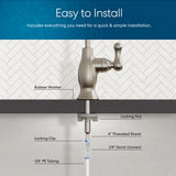 Diagram showing Brio Curvy Classic Series Water Faucet – Brushed Nickel installed under sink, with labeled parts: rubber washer, locking nut, 4" threaded shank, locking clip, 1/4" quick connect, and 1/4" PE tubing for RO systems.