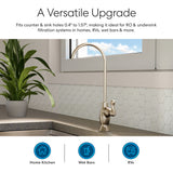 The Brio Curvy Classic Series Water Faucet – Brushed Nickel is installed on a kitchen counter near a green plant and window; icons below show its versatility for home kitchens, wet bars, and RVs.