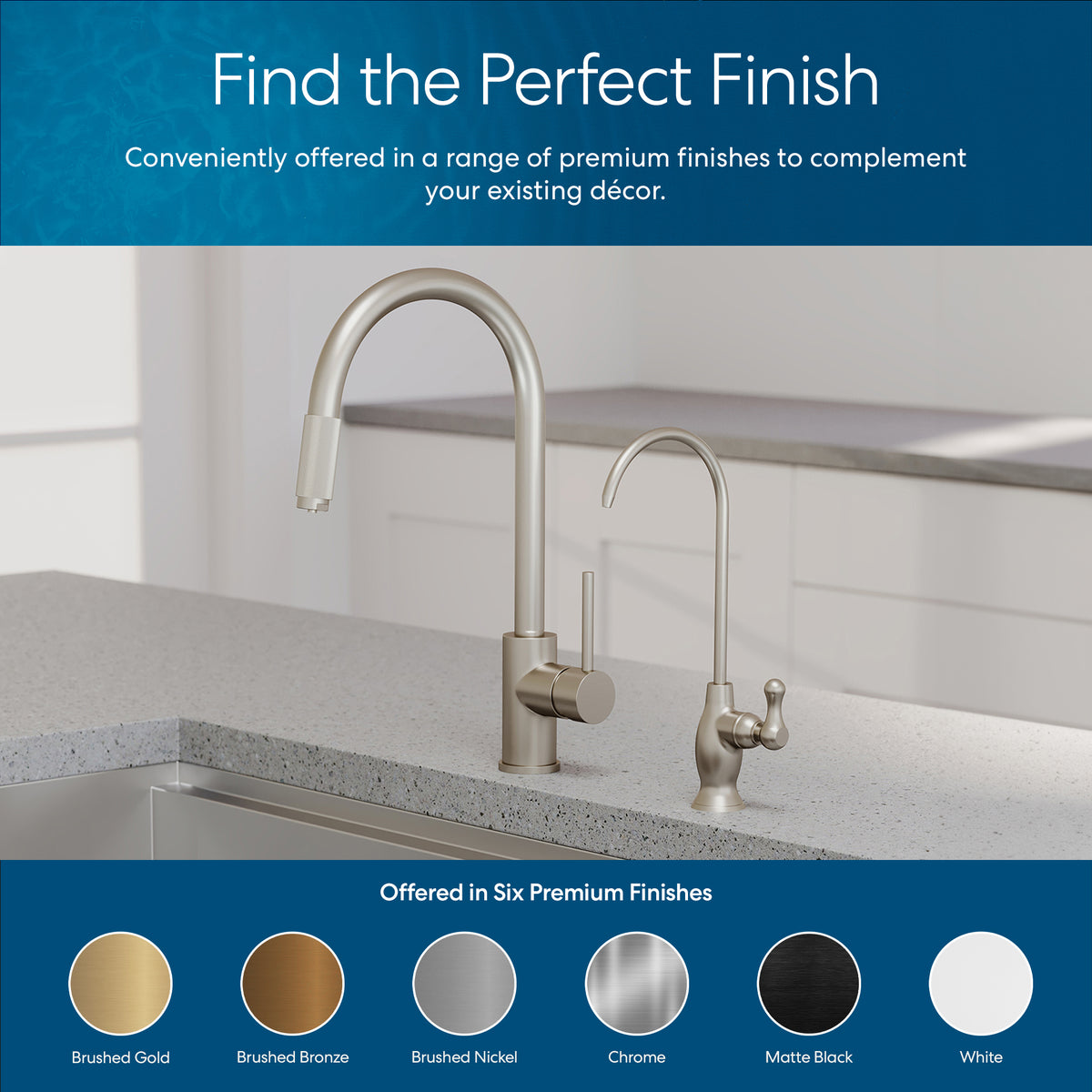 Modern kitchen faucet display featuring two Curvy Classic Series Water Faucets in brushed nickel, lead-free stainless steel, on a granite countertop. Six circular swatches show finishes: gold, bronze, nickel, chrome, black, and white.