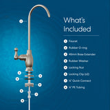 Diagram showing a Brio Curvy Classic Series Water Faucet – Brushed Nickel with labeled parts: lead-free stainless steel faucet, rubber O-ring, 45mm base extender, rubber washer, locking nut, two locking clips, 1/4 quick connect, and 1/4 PE tubing.