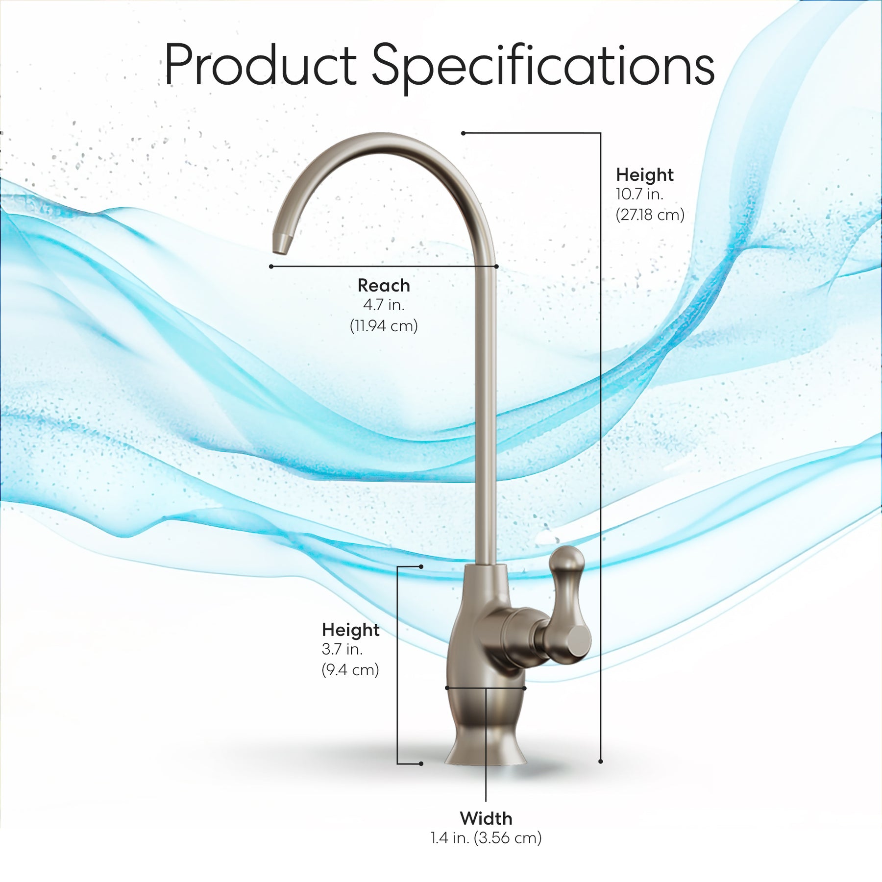 The Brio Curvy Classic Series Water Faucet – Brushed Nickel features labeled dimensions: total height 10.7 in (27.18 cm), spout reach 4.7 in (11.94 cm), base height 3.7 in (9.4 cm); made of lead-free stainless steel with a blue water graphic backdrop.