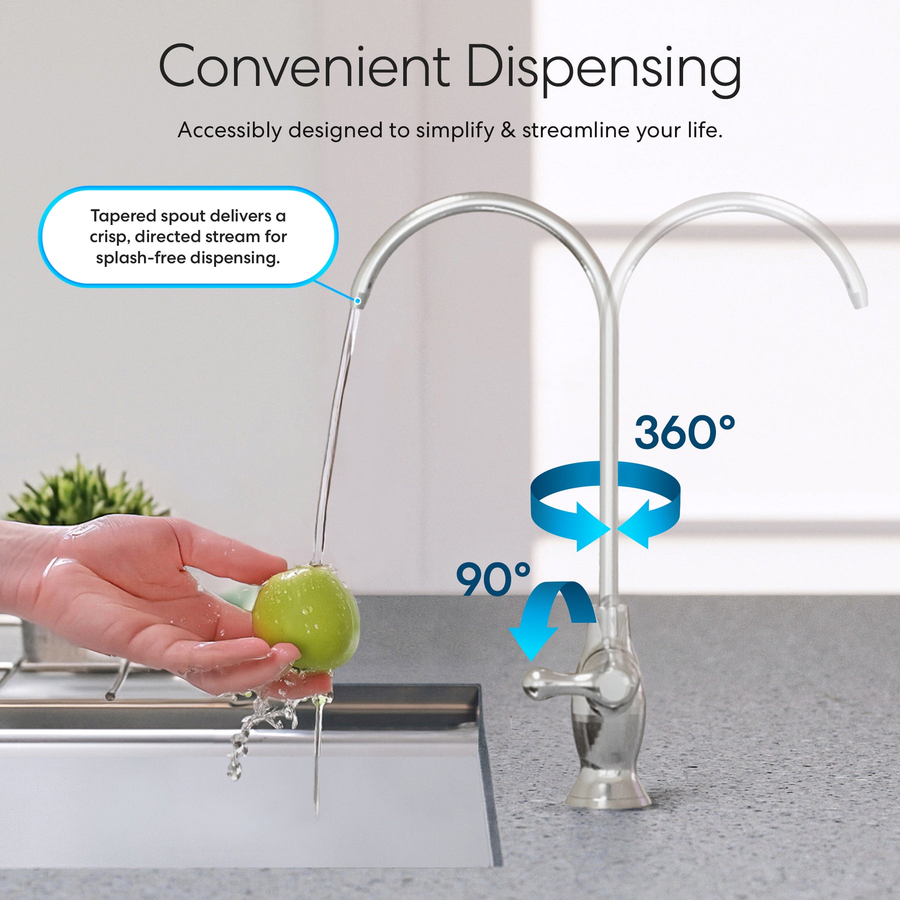 A hand rinses a green apple under the Brio Curvy Classic Series Water Faucet-Chrome. The curved, lead-free spout rotates 360° and tilts 90° for flexible, splash-free use—ultimate kitchen convenience.