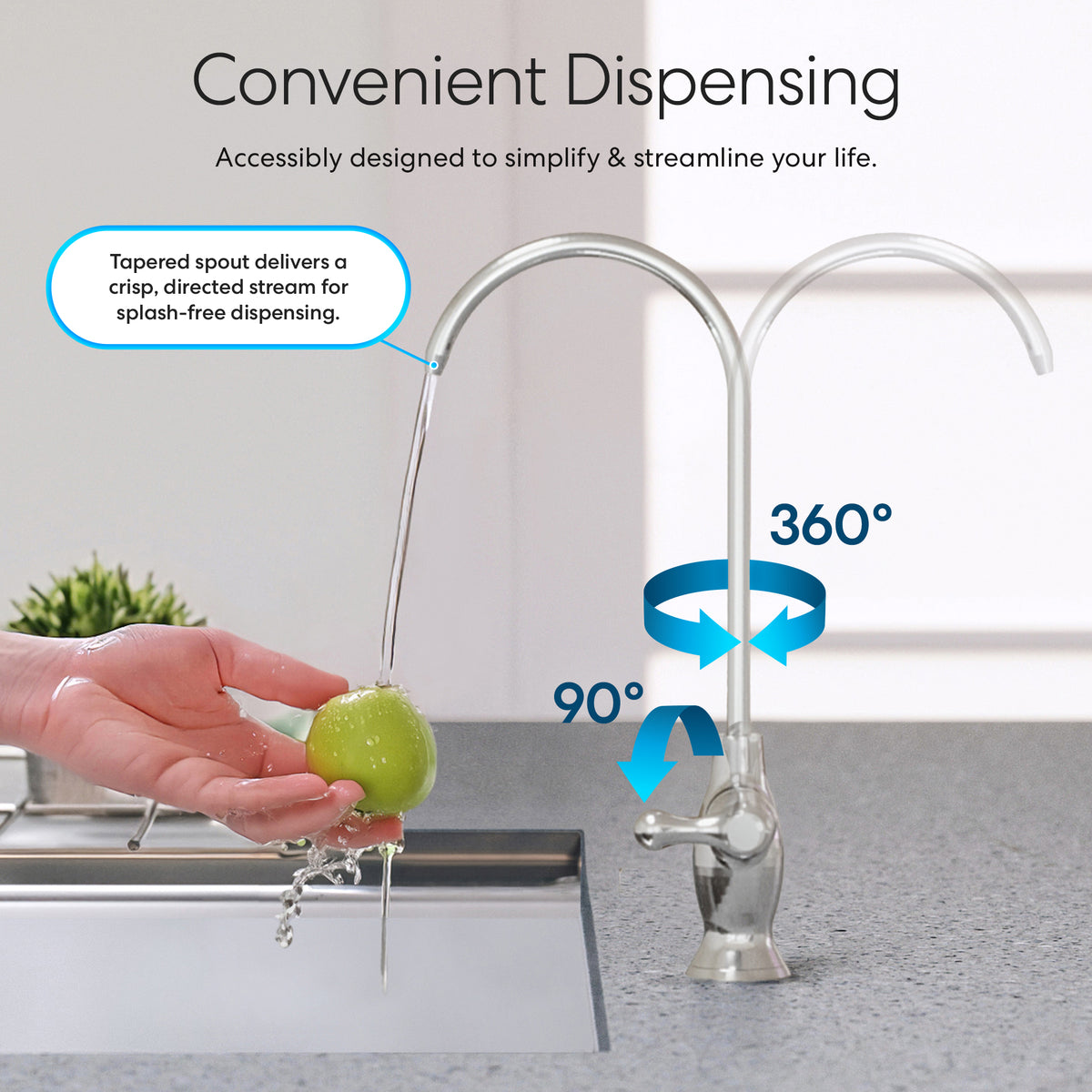 A person rinses a green apple under the Curvy Classic Series Water Faucet-Chrome, featuring a tall, curved spout that rotates 360° and bends 90°, making it ideal for splash-free dispensing from an under sink water filtration system.