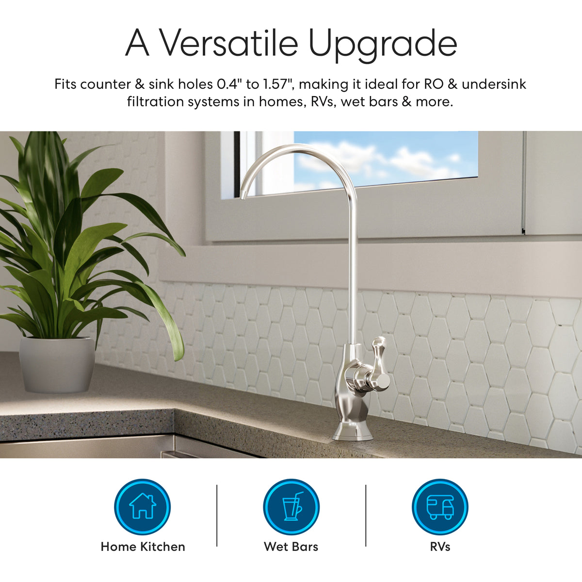 The Curvy Classic Series Water Faucet-Chrome, a stylish lead-free stainless steel model with a curved spout, is showcased on a modern kitchen countertop beside a potted plant; it’s ideal for kitchens, wet bars, and RVs.