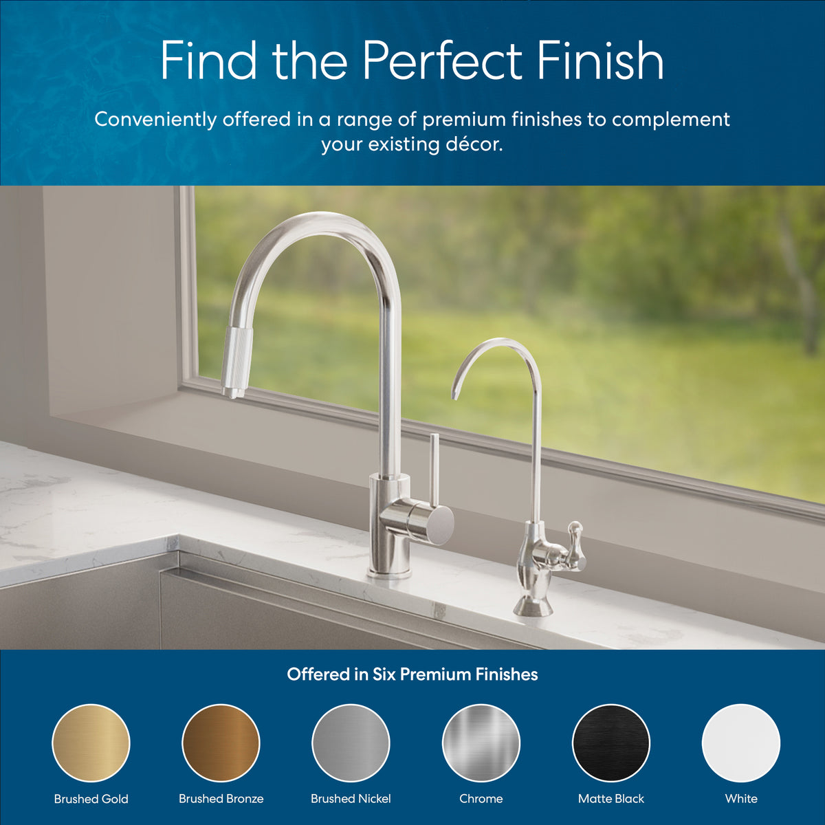 A Curvy Classic Series Water Faucet-Chrome is featured in a modern kitchen with two sleek faucets beneath a bright window. Six finish options—brushed gold, brushed bronze, brushed nickel, chrome, matte black, and white—are shown below.