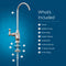 Diagram of the Curvy Classic Series Water Faucet-Chrome lead-free stainless steel assembly with labeled parts, plus a "What’s Included" list: faucet, rubber O-ring, 45mm base, rubber washer, locking nut, 2 locking clips, 1/4” quick connect & PE tubing.