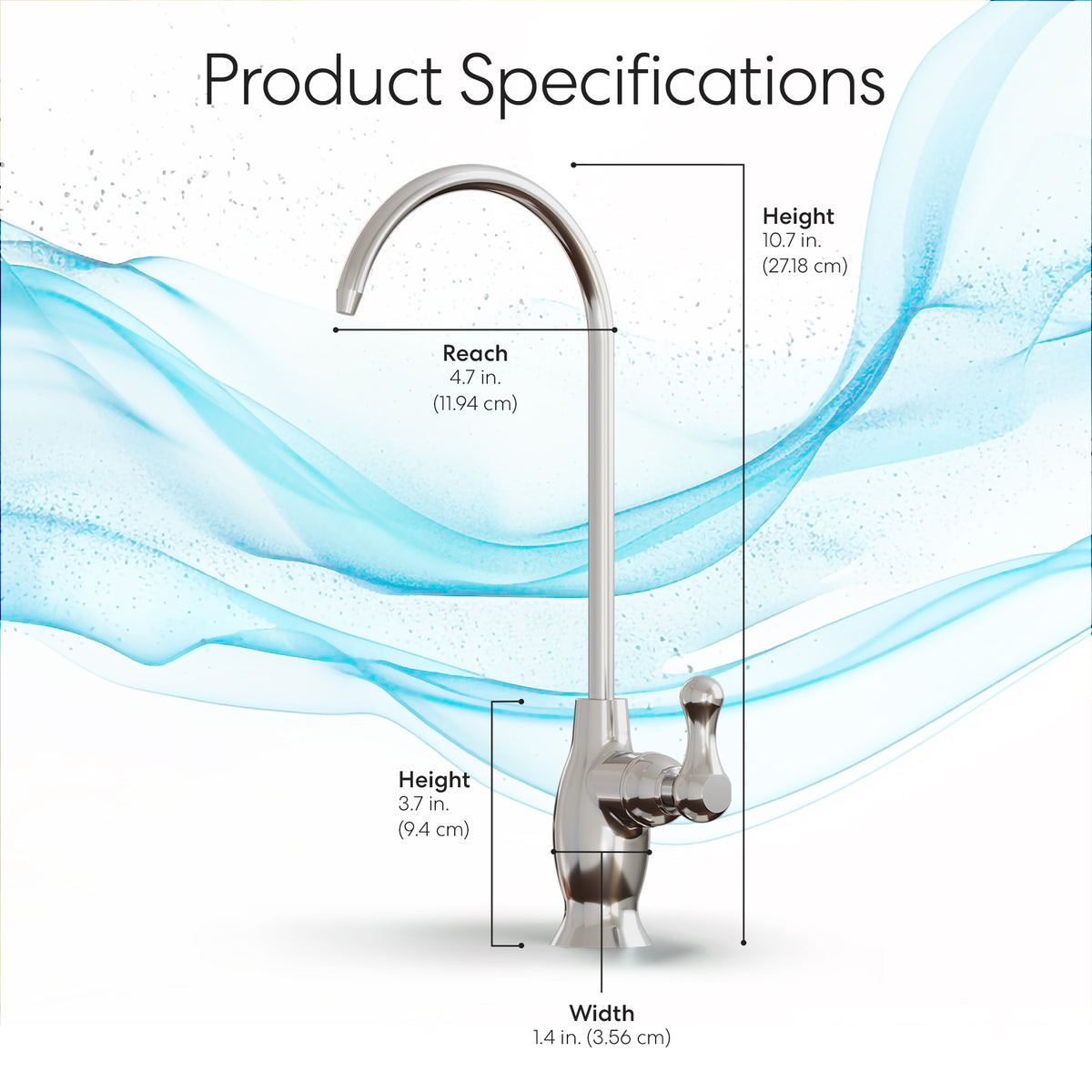 A labeled diagram of the Curvy Classic Series Water Faucet-Chrome (lead-free stainless steel): total height 10.7 in (27.18 cm), reach 4.7 in (11.94 cm), base height 3.7 in (9.4 cm), width 1.4 in (3.56 cm) with blue water graphics background.