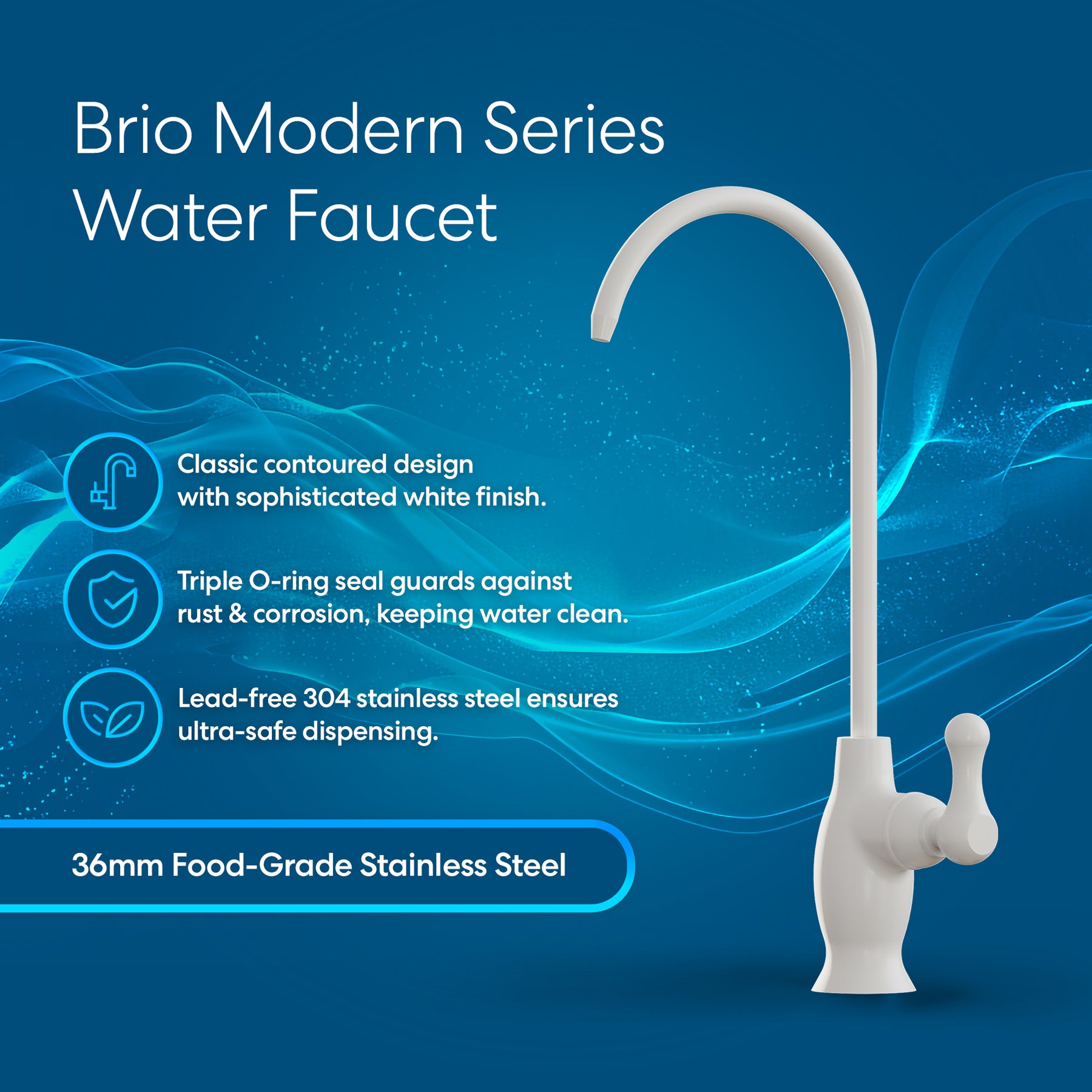 The Brio Curvy Classic Series Water Faucet-White is showcased on a blue background. Text highlights its contoured design, curved spout, side handle, rust-resistant O-ring seal, and lead-free food-grade stainless steel.
