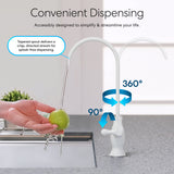 A hand washes a green apple under the Brio Curvy Classic Series Water Faucet-White, featuring a long curved spout by the kitchen sink. Blue arrows show it rotates 360° horizontally and 90° vertically for convenience.