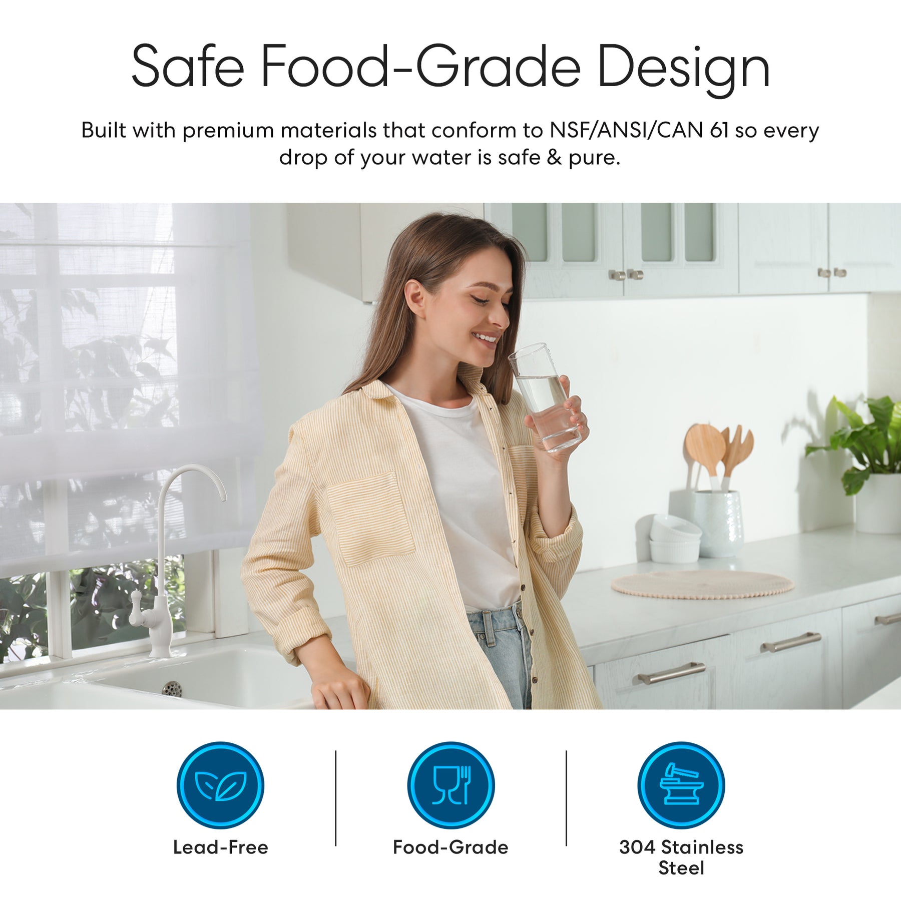 A smiling woman stands in a bright kitchen, holding a glass of water from her Brio Curvy Classic Series Water Faucet-White. Overhead text reads, Safe Food-Grade Design. Three icons below show: lead-free, food-grade, and 304 stainless steel.