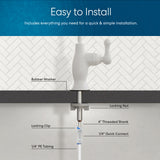 Diagram showing installation of the Brio Curvy Classic Series Water Faucet-White, with labeled parts: rubber washer, locking clip, locking nut, 4" threaded shank, 1/4" quick connect, and 1/4" PE tubing. Easy to install lead-free stainless steel faucet.