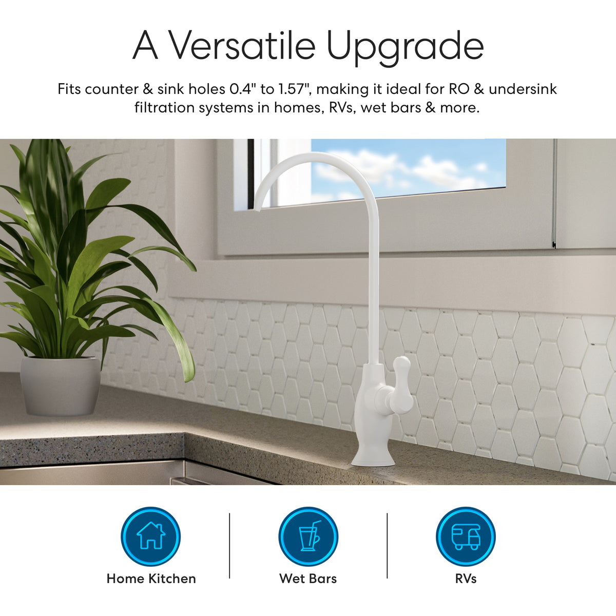 Bright kitchen features the Curvy Classic Series Water Faucet-White, a lead-free stainless steel faucet on the counter near a plant and window. It's versatile for home kitchens, wet bars, and RVs, fitting various sink holes and water filtration systems.