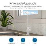 A Brio Curvy Classic Series Water Faucet-White is installed on a kitchen countertop by a green potted plant, in front of a window and white hexagon tile backsplash. Icons below show it’s great for home kitchens, wet bars, and RVs.