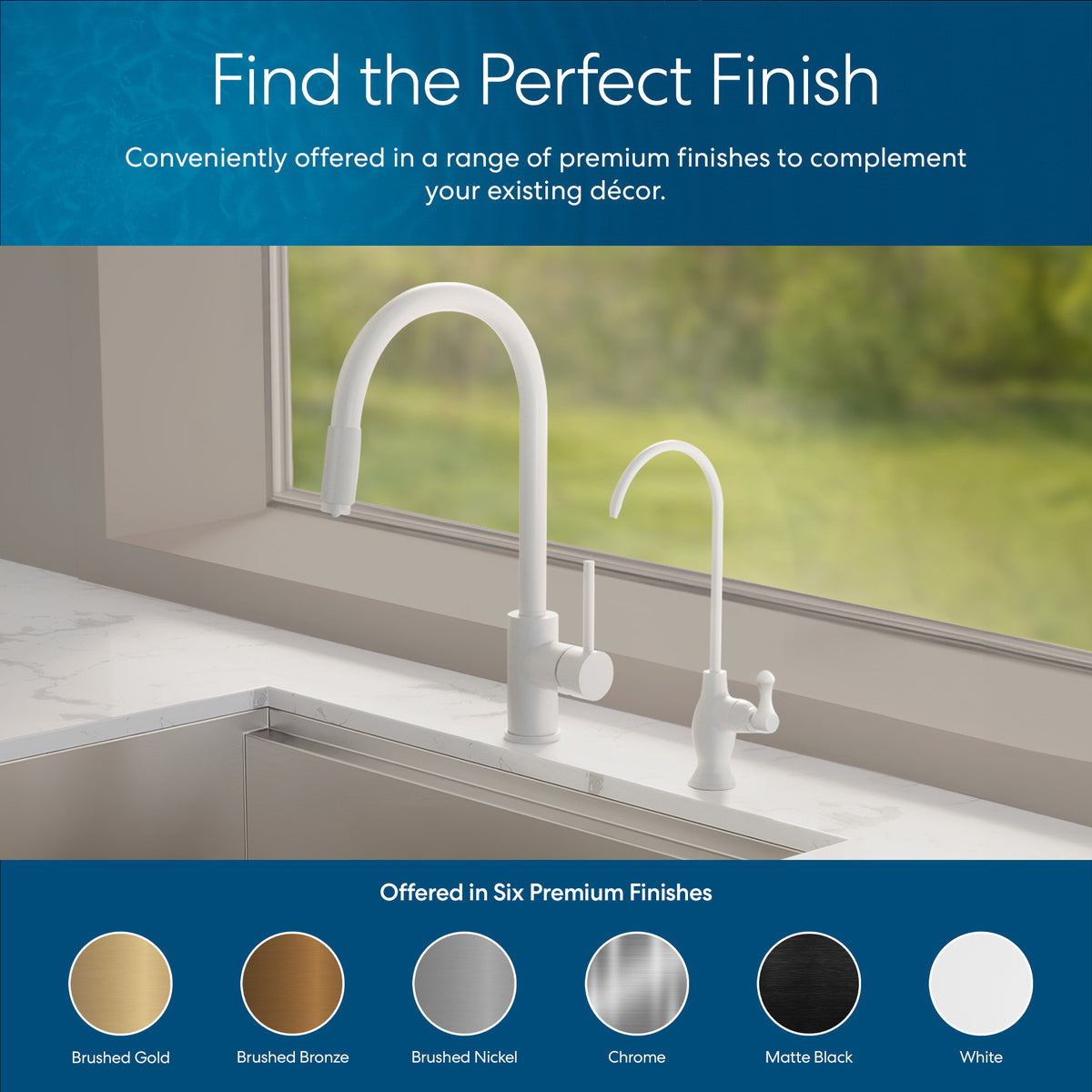 The Curvy Classic Series Water Faucet-White, made from lead-free stainless steel, sits in front of a large window. Six sample circles below display available finishes: brushed gold, brushed bronze, brushed nickel, chrome, matte black, and white.