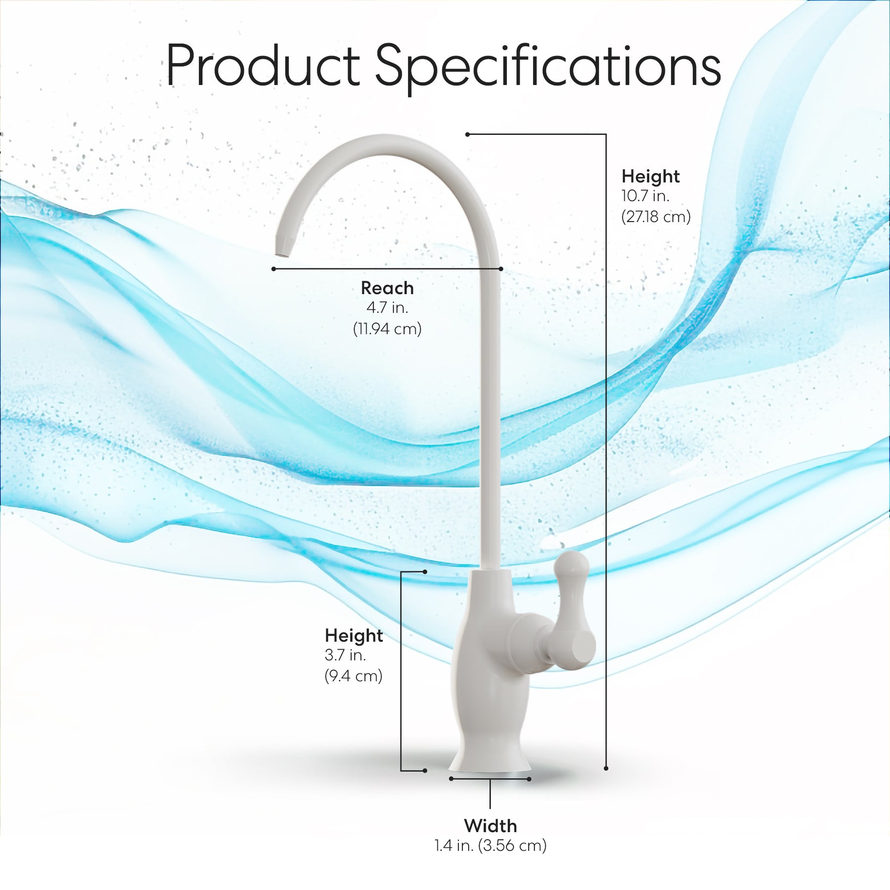 The Brio Curvy Classic Series Water Faucet-White, made from lead-free stainless steel, features a curved spout with labeled dimensions: 4.7 in spout reach, 10.7 in height, 1.4 in base width, and 3.7 in base height. Shown on a clean background.