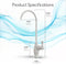 The Curvy Classic Series Water Faucet-White, featuring a curved spout, is displayed with specs: 10.7" height, 4.7" spout reach, 3.7" faucet height, and 1.4" base width against a background with blue swirls.