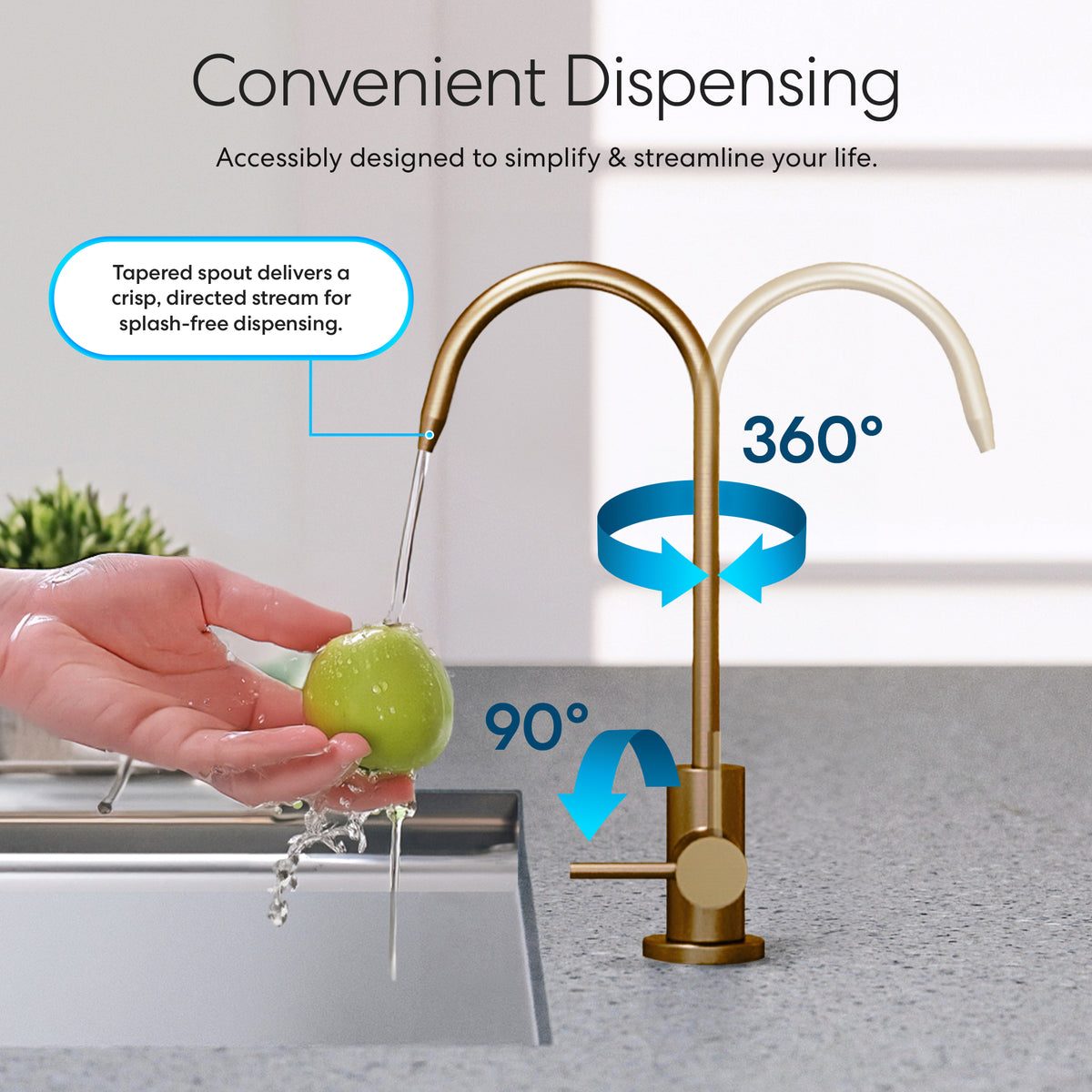The Modern Series Water Faucet in brushed bronze features a 360° rotating spout, dispensing water onto a green apple on a kitchen counter next to the sink. Labeled arrows showcase its impressive movement range.