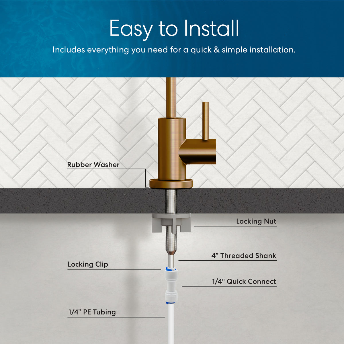 Cross-section diagram shows a Modern Series Water Faucet - Brushed Bronze installation, labeling rubber washer, locking nut, 4" threaded shank, locking clip, 1/4" quick connect, and PE tubing. Easy to install—ideal for any water filtration system.