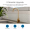 A Modern Series Water Faucet - Brushed Bronze is installed on a kitchen counter with a light hexagon tile backsplash, a plant, and icons below for use in home kitchens, wet bars, and RVs, plus water filtration system compatibility.