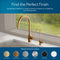 A Modern Series Water Faucet in brushed bronze is featured with two gold-colored faucets. Below are circular swatches of available finishes: brushed bronze, brushed nickel, chrome, matte black, and white.