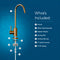 A labeled diagram of the Modern Series Water Faucet - Brushed Bronze with six numbered parts and a "What's Included" list: 1 Faucet, 2 45mm Base Extender, 3 Rubber Washer, 4 Locking Nut, 5 Locking Clip (x2), 6 Quick Connect, and tubing.