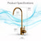The Modern Series Water Faucet - Brushed Bronze features a gold-tone curved spout with labeled measurements, standing out against a blue abstract background—ideal for pairing with your water filtration system.