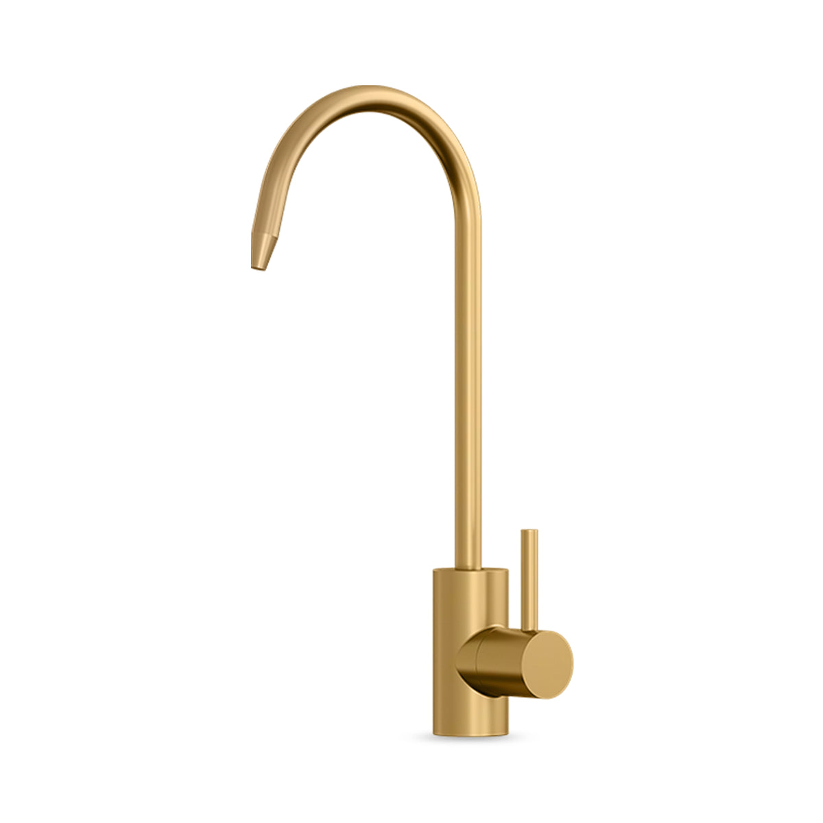 The Modern Series Water Faucet in Brushed Gold features a high, curved spout and a single lever handle on the right, displayed against a plain white background.