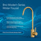 The Modern Series Water Faucet - Brushed Gold, shown on a blue background, features a swan-neck design, side handle, lead-free stainless steel build, triple O-ring seal, brushed gold finish, and food-grade quality.