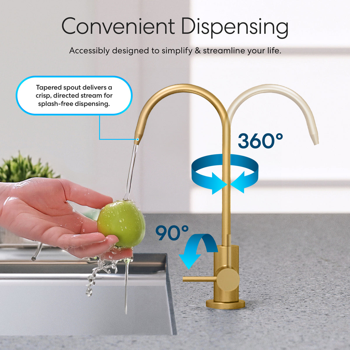 The Modern Series Water Faucet - Brushed Gold features a lead-free stainless steel body, 360° rotating spout, and 90° lever handle for splash-free, streamlined water dispensing—perfectly shown pouring onto a green apple over a sink.