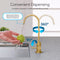 The Modern Series Water Faucet - Brushed Gold features a lead-free stainless steel body, 360° rotating spout, and 90° lever handle for splash-free, streamlined water dispensing—perfectly shown pouring onto a green apple over a sink.