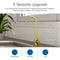 A Modern Series Water Faucet - Brushed Gold stands on a kitchen counter with a plant and hex tile backsplash; icons show this lead-free stainless steel faucet is ideal for home kitchens, wet bars, and RVs.